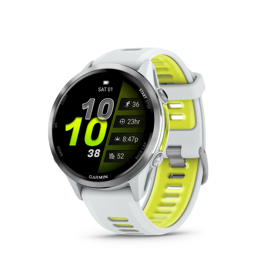 Garmin Forerunner 970 - Whitestone/Amp Yellow — Reloj GPS Running — vista frontal